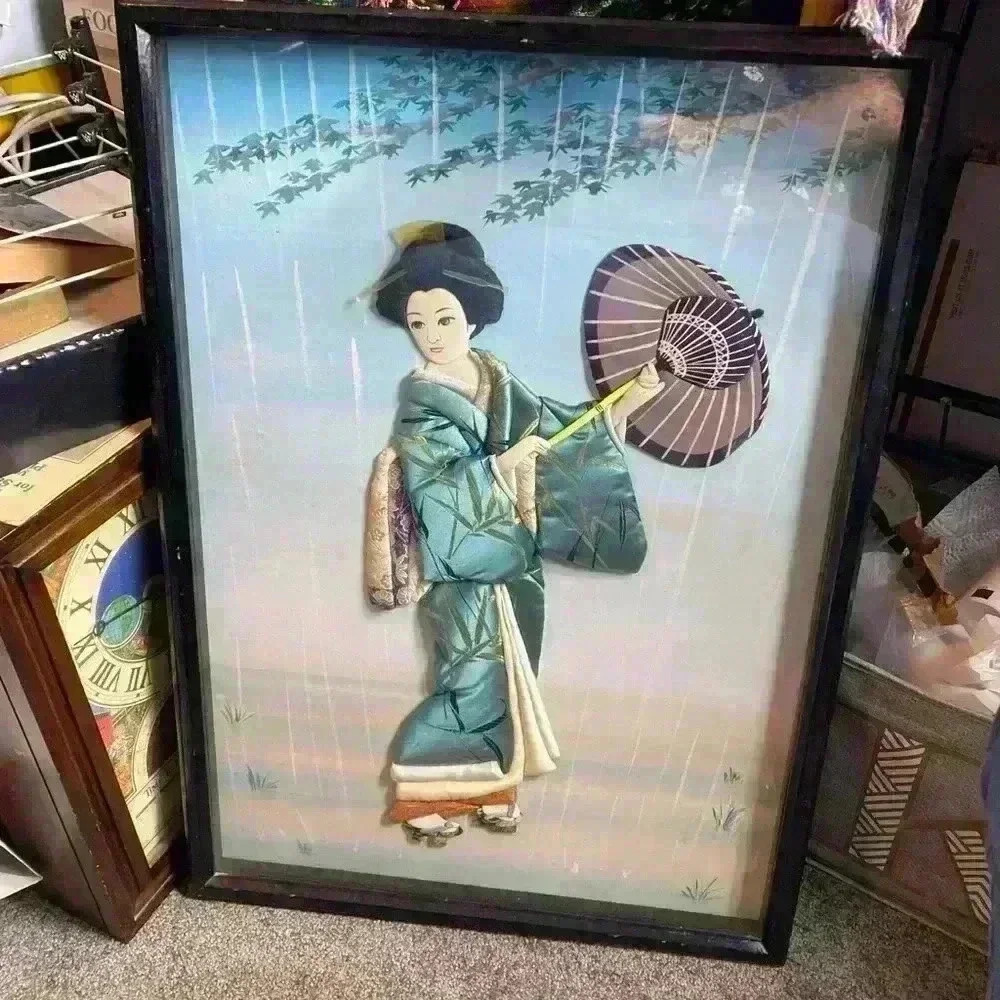 Layered 3D Paper Decoupage Japanese Geisha Shadow Box Wall Art Framed 26x19 VTG